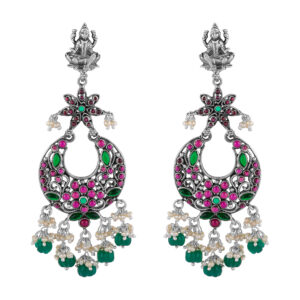 Oxidized SILVER CHANDBALI EARRINGS WITH RUBY EMERALD