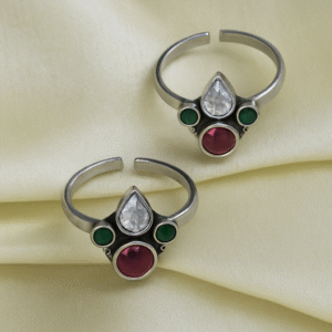 Silver Ruby & Green Stone Designer Toe Ring Pair